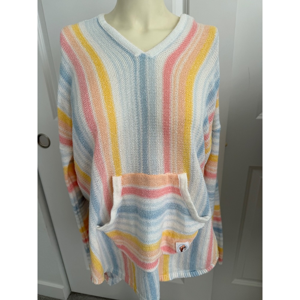Buc-ee's Womens Pastel Striped Knit Hoodie Sweater V-Neck Medium - Picture 2 of 9
